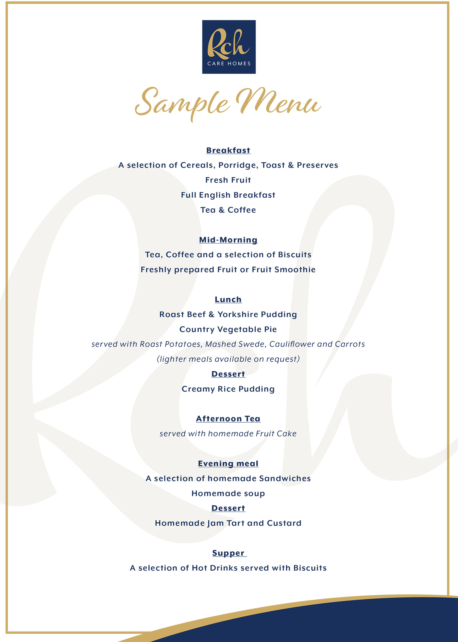 Sample food menu